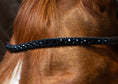 Load image into Gallery viewer, Brauner geschwungener Slim-Stirnriemen Happy (Nr. 106.) mit schwarzen Steinen von der Marke Ascot Reitsportartikel.