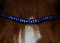 Load image into Gallery viewer, Brauner geschwungener Slim-Stirnriemen Lucky (Nr.107.) mit blauen Steinen von der Marke Ascot Reitsportartikel.