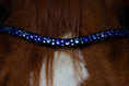 Load image into Gallery viewer, Brauner geschwungener Slim-Stirnriemen Lucky (Nr.107.) mit blauen Steinen von der Marke Ascot Reitsportartikel.