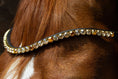 Load image into Gallery viewer, Brauner Stirnriemen Devine (Nr. 104.) mit funkelnden goldfarbenen Strasssteinen von der Marke Ascot Reitsportartikel.