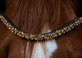 Load image into Gallery viewer, Brauner Stirnriemen Star (Nr. 101.) mit verschieden großen goldfarbenen Strasssteinen von der Marke Ascot Reitsportartikel.