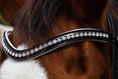 Load image into Gallery viewer, Schwarzer Leder-Stirnriemen Classic (Nr. 11.) mit einer Reihe klaren Steinen, Lack, weißunterlegt - Ascot Reitsport