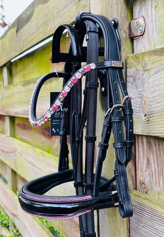 Trensen für die Kleinen schwedisch ohne Sperrriemen - Ascot Reitsportschwarz lack/ pinker Strass mit silbernen Beschlägen