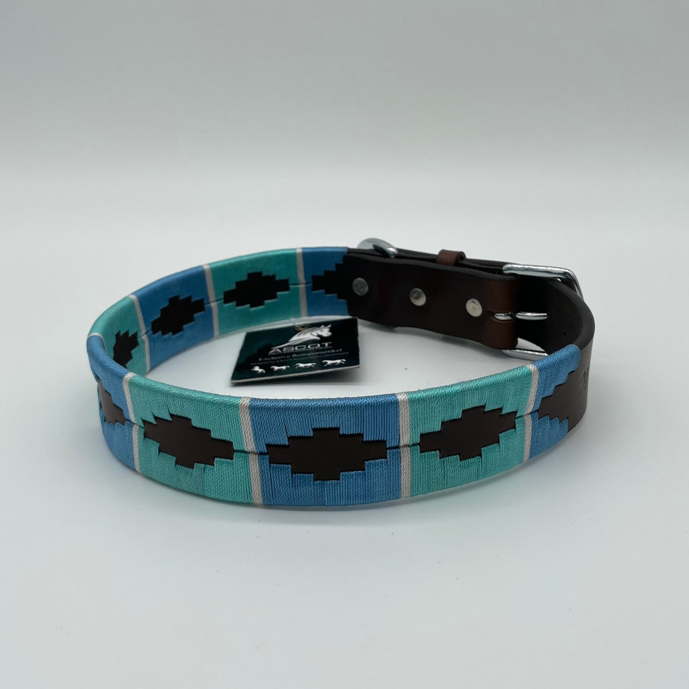 Hundehalsband im Polo-Design - Ascot Reitsport - blau/ türkis mit cremefarbigem Strich (braunes Leder)