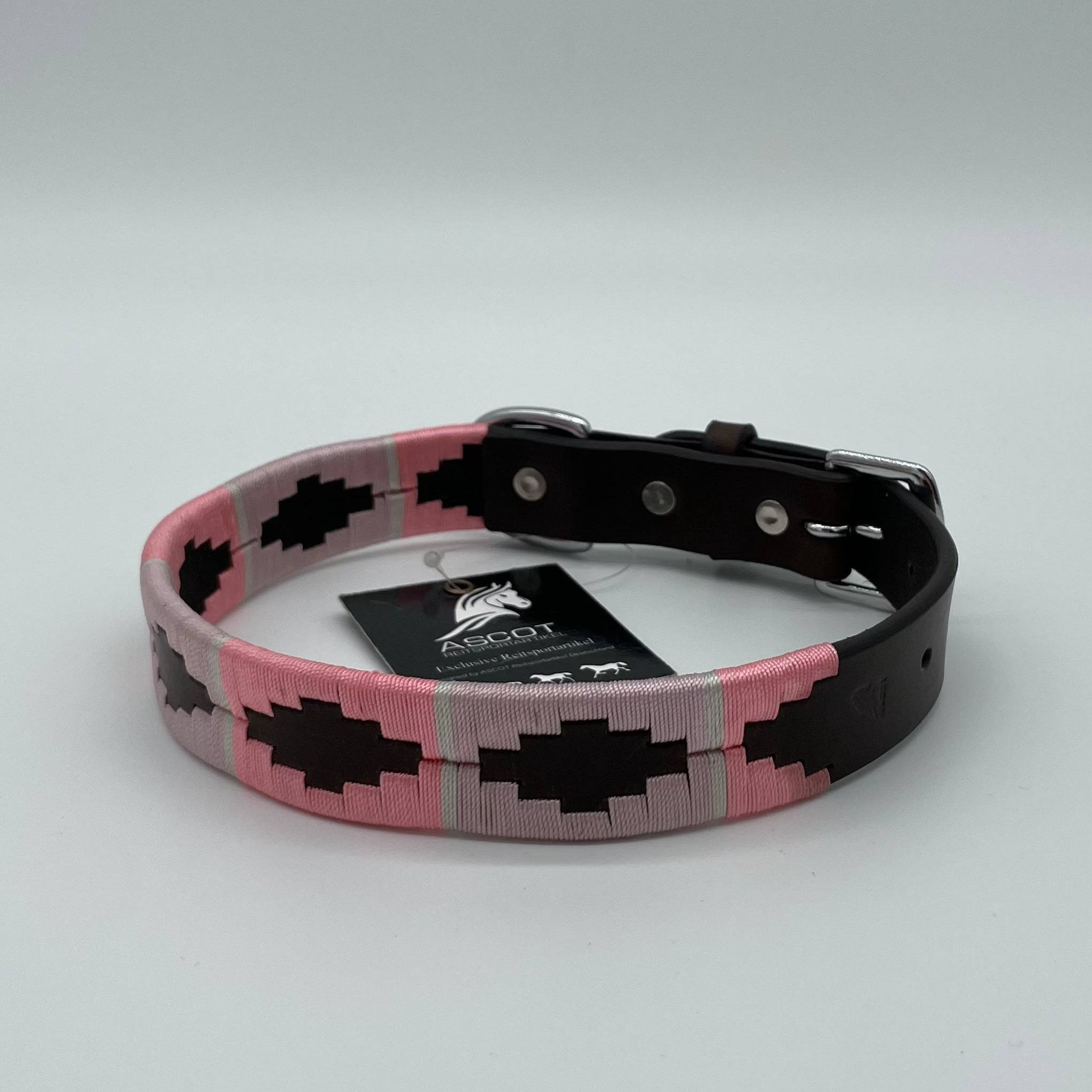 Hundehalsband im Polo-Design - Ascot Reitsport - rosa/ hellrosa mit cremefarbigem Strich (braunes Leder)