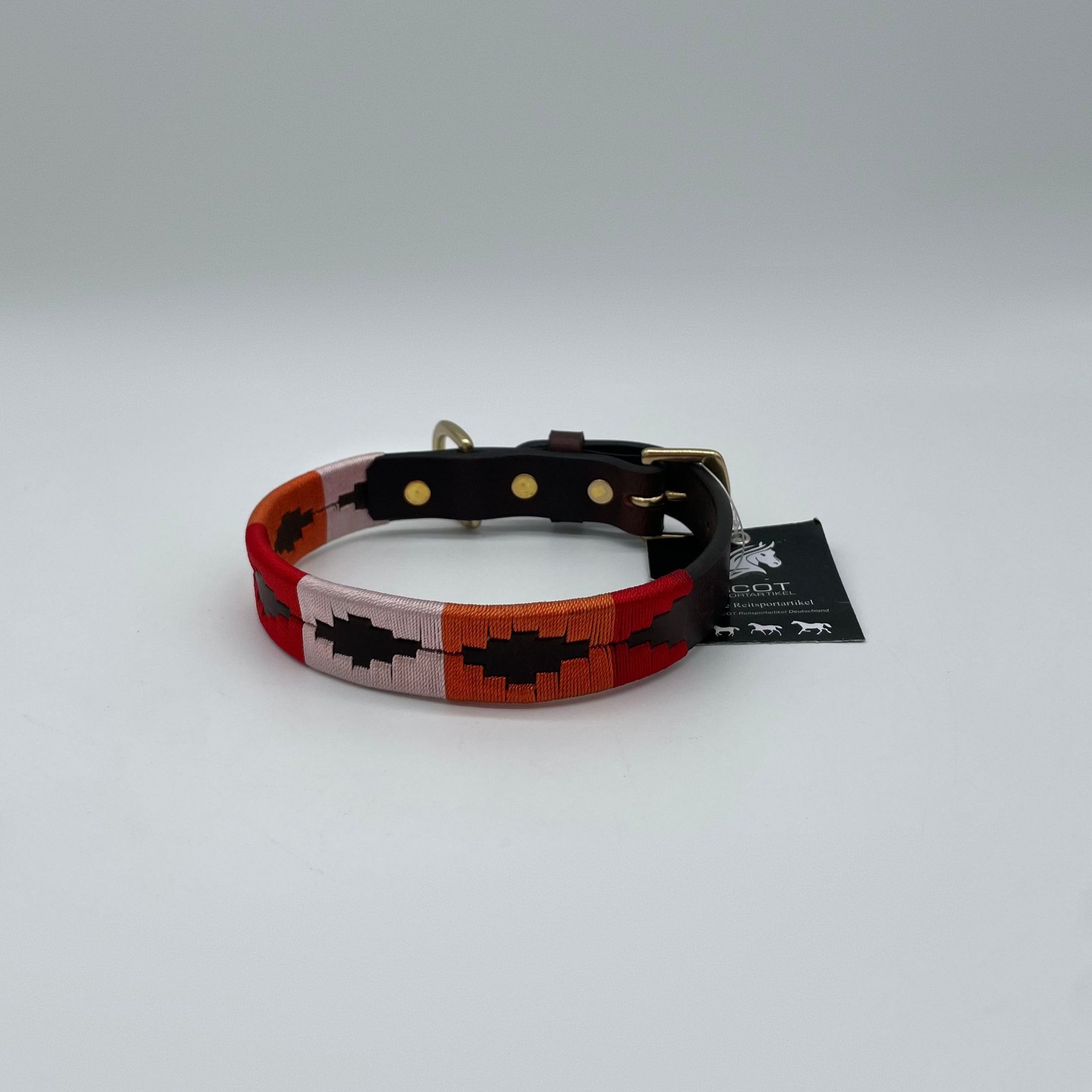 Hundehalsband im Polo-Design - Ascot Reitsport - rot/ orange/ rosa (braunes Leder)