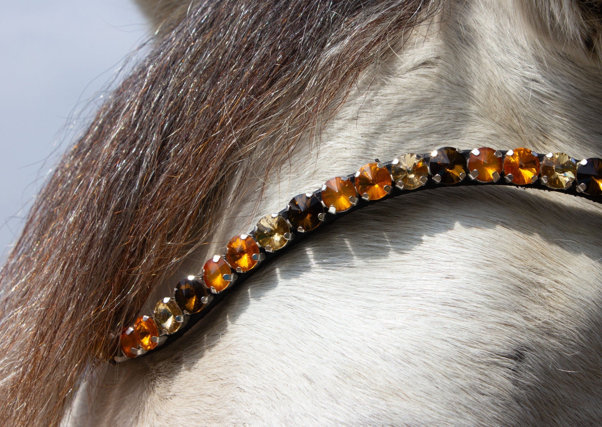 Brauner Stirnriemen Majestic (Nr. 109.) mit bernstein/ gold/ aprikotfarbenen Glitzersteinen - Ascot Reitsport.