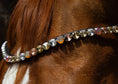 Load image into Gallery viewer, Brauner Stirnriemen Majestic (Nr. 109.) mit großen silber mit sparkle/ goldenen Steinen von der Marke Ascot Reitsportartikel.
