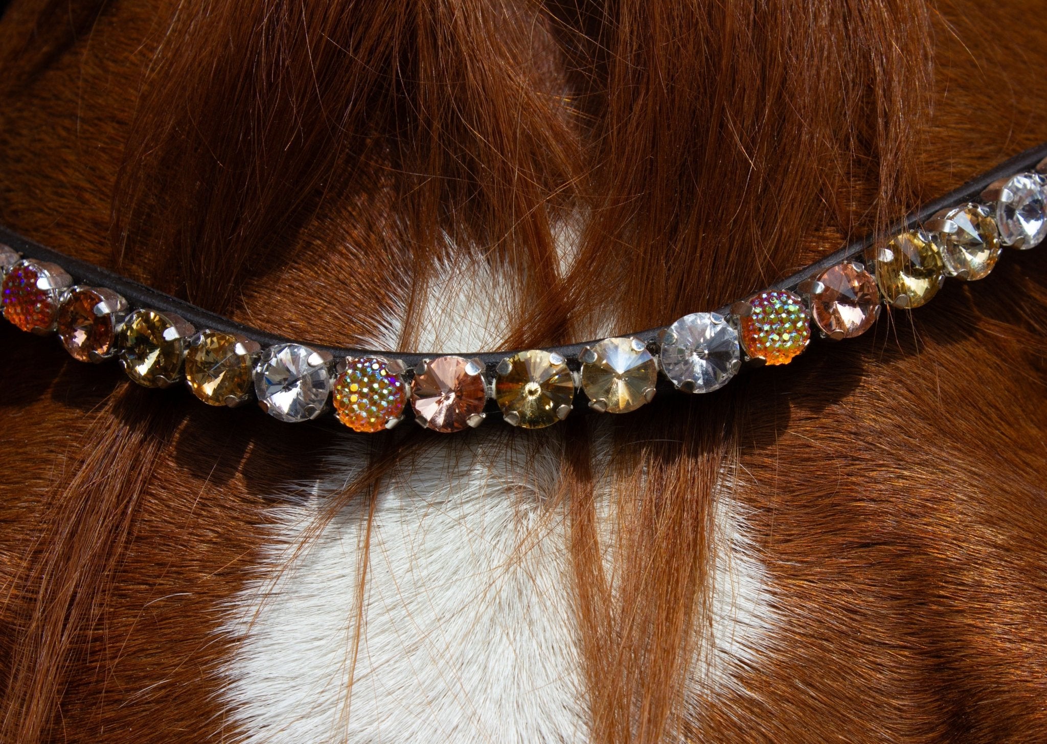 Brauner Stirnriemen Majestic (Nr. 109.) mit großen silber mit sparkle/ goldenen Steinen von der Marke Ascot Reitsportartikel.