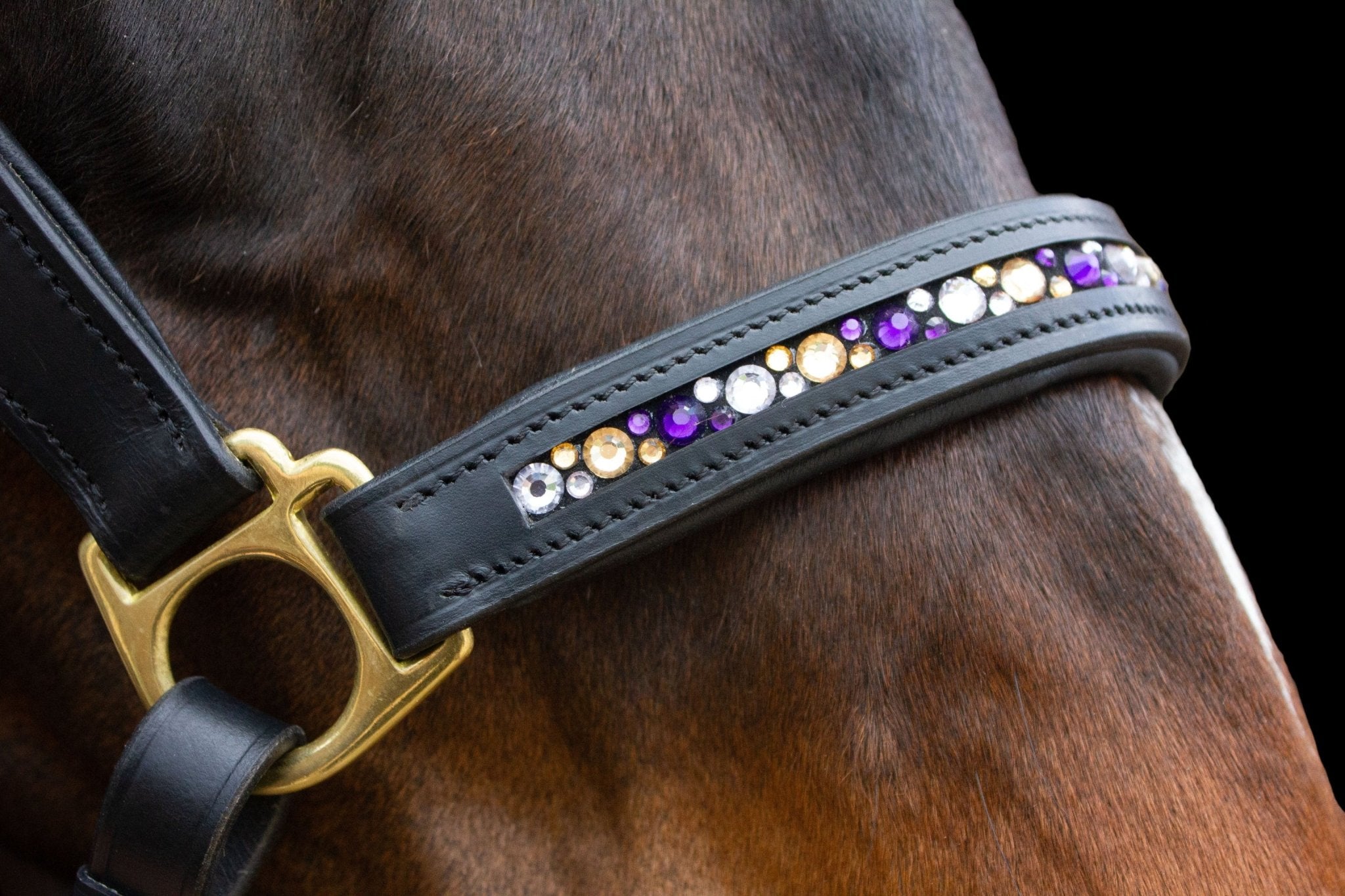 Lederhalfter mit innenliegenden Strasssteinen - Ascot Reitsportschwarz/ lila mehrfarbig/ Messingbeschläge