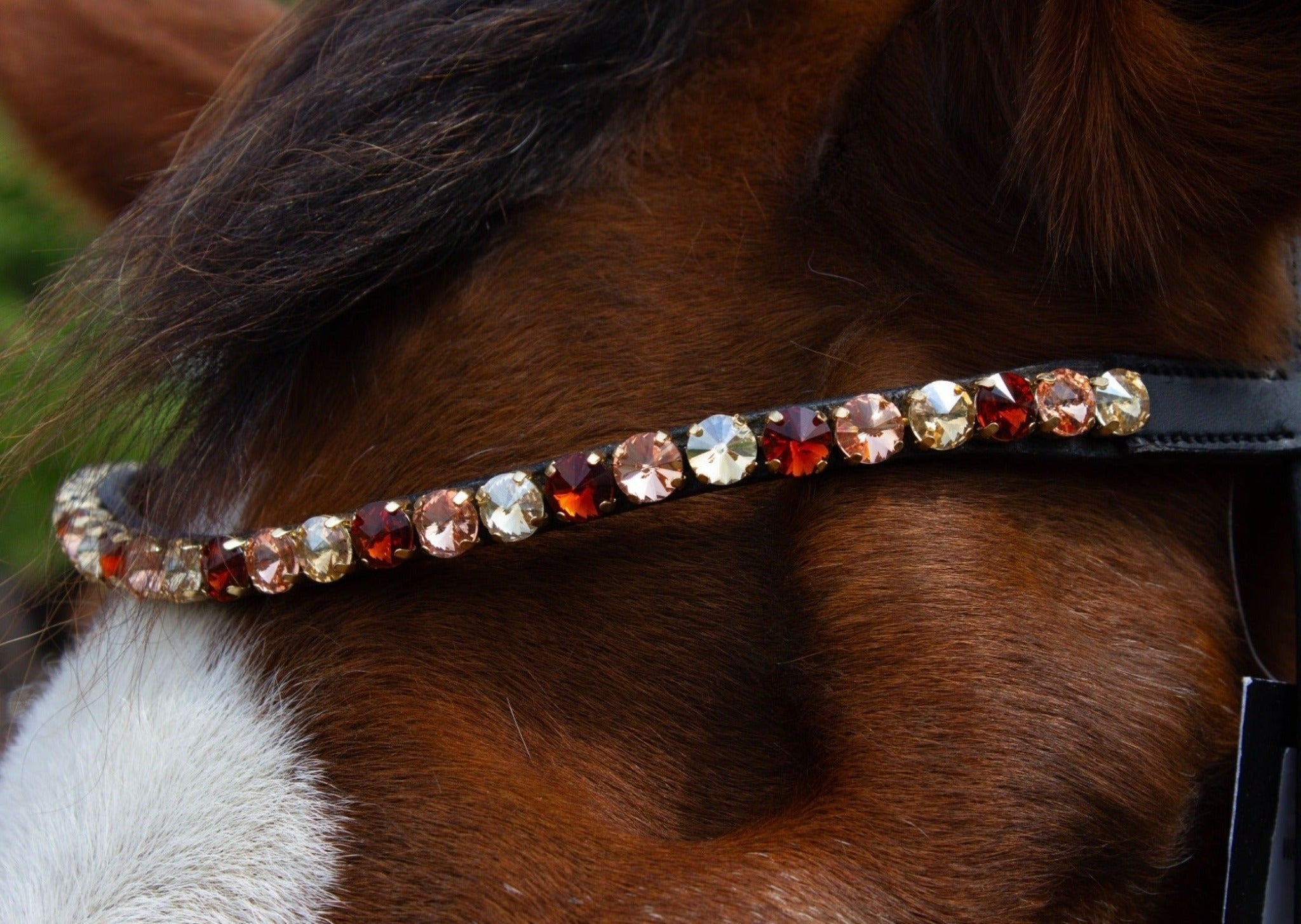 Glitzerstirnriemen Majestic (Nr. 9.) mit dicken roségoldfarbenen Steinen von der Marke Ascot Reitsportartikel.