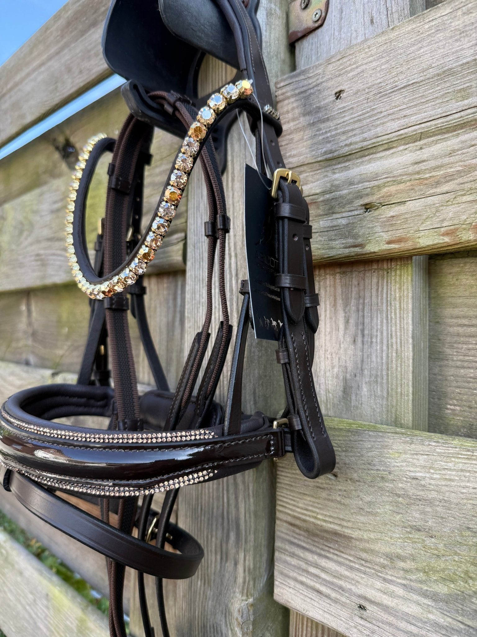 Trensen für die Kleinen schwedisch - kombiniert - Ascot Reitsportbraun lack/ goldener Strass mit Messingbeschlägen